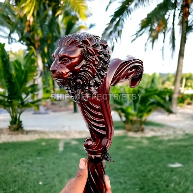 Wooden Walking Stick Cane Lion Head Palm Grip Ergonomic HandleAnimal Wood Carved