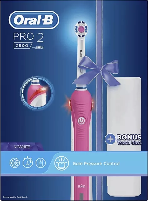 Oral-B Pro 2 2500 Braun 3D White Electric Toothbrush + Travel Case Gift - Pink