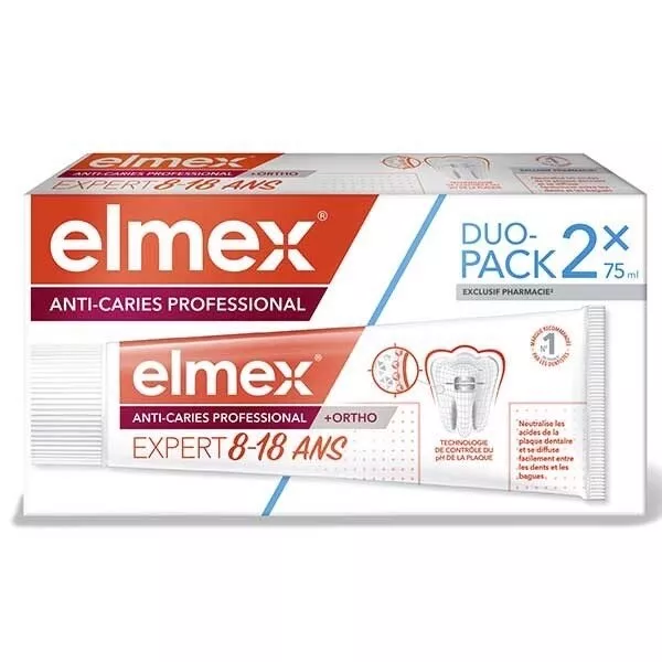 Lot de 2 dentifrices Elmex anti caries professionnel expert 8-18ans  (75 ml x 2)