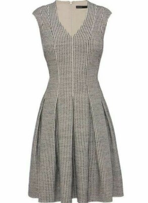 NWT - KAREN MILLEN Women's BLACK TAYLORED SKIRTED TWEED V-NECK DRESS - 10