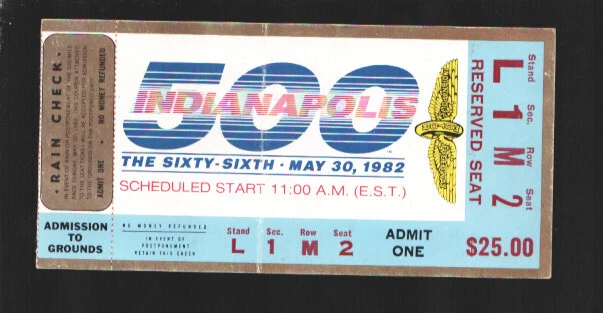Indianapolis 500 Ticket Stub 5/30/1982-Reserved seat-Size is about 5 1/4 x 2 ...