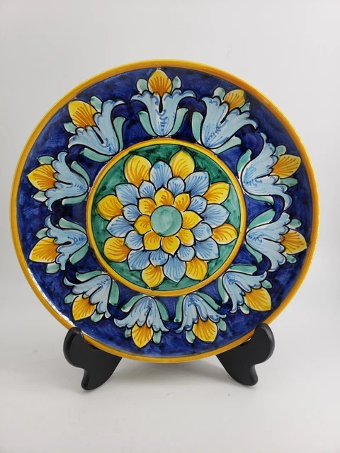 Italian Pottery Hand Painted 9.5" Plate Vietri Dip. A Mano Dark Blue & Yellow