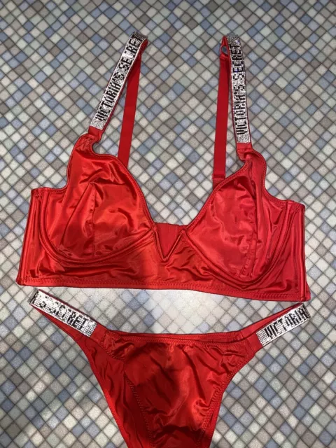 VICTORIA'S SECRET RED Unlined Shine Strap 2 Piece Set Bra Bikini