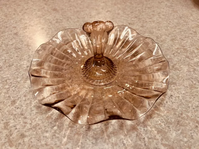 Vintage Pink Depression Glass Center Handle Tidbit Tray Serving Dish Ruffled