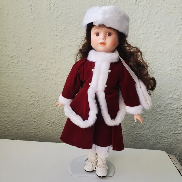 Fine bisque Porcelain Christmas doll vintage cloth winter style 14" and stand