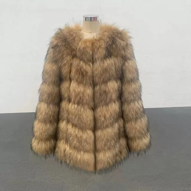 Womens Winter Warm Mid Length Outwear Coat Luxury Faux Fur Round Neck Jacket