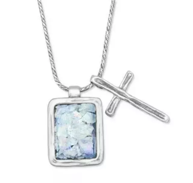 Ancient Roman Glass Sterling Silver Cross Charm Necklace