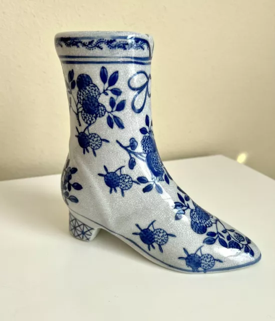 Vintage Blue White Decor Victorian Boot Shoe Heel Vase Planter 7” Floral