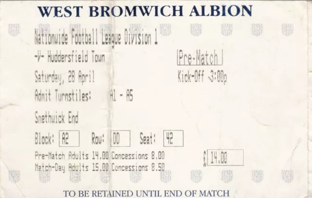 Ticket - West Bromwich Albion v Huddersfield Town (Undated)