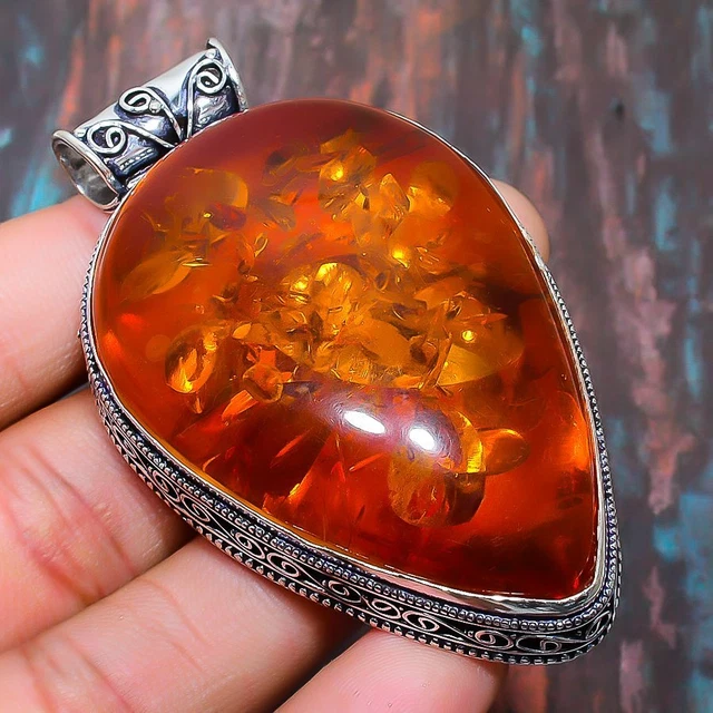 Vintage Baltic Amber Gemstone Handmade Gift Jewelry Pendant 2.56" R672