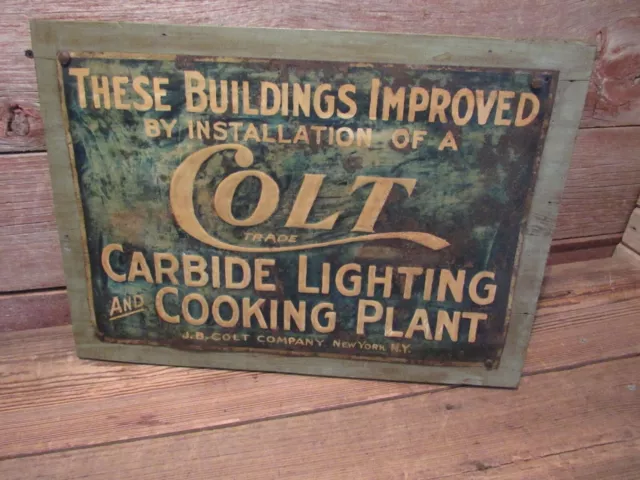 Vintage Colt Tin Tacker Sign Carbide Lighting And Cooking Plant - Original!