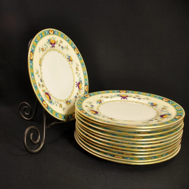 Mintons Set of 12 Luncheon Plates H3728 Teal Blue Raised Enamel w/Gold 1925