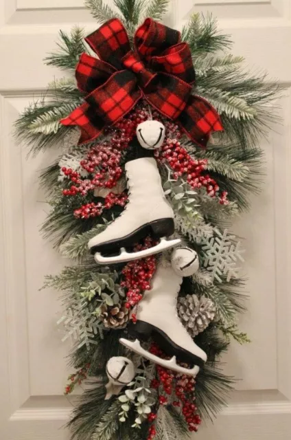 XXL34 Farmhouse Winter Ice Skates Jingle Bells Christmas Decor Door Wreath,