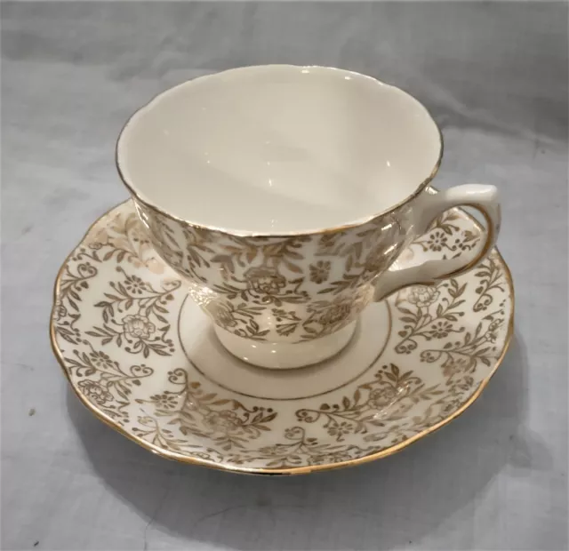 Royal Malvern Gold Floral Chintz Teacup and Saucer, Gold Flower Vintage, English