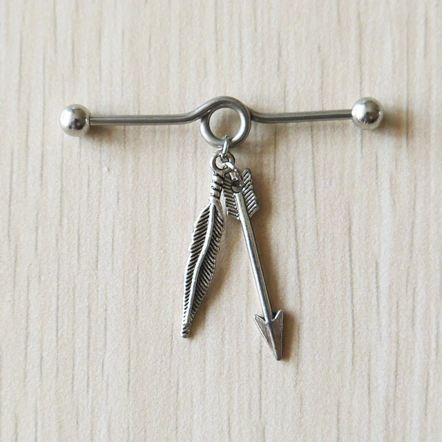 2pcs Leaf and Arrow Industrial Barbell piercing Ear Jewelry Double Piercing
