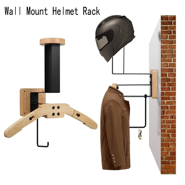 Support Mural 3 En 1 Pour Casque De Moto En Bois Et Métal - Inclut 2 Clips Pour Gants - Rangement équipement Moto