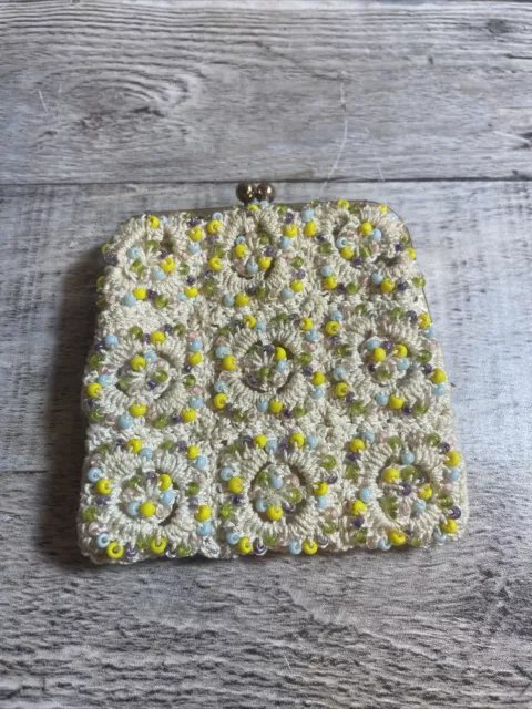 VINTAGE DELILL WHITE BEADED COIN PURSE - SATIN-LINED - Handmade In Japan