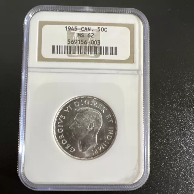 Canada 1945 50 Cents Half Dollar Silver Coin - NGC MS-62- Old Label Great Look!