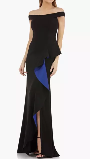 NEW CARMEN MARC VALVO INFUSION Ruffle Off the Shoulder GOWN Size 16 $398 COBALT