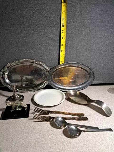 Metal Lot Paul Revere Tray, Spoon Rest, Figurine & Flatware #2629L112