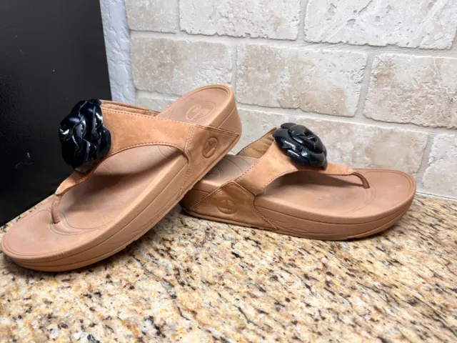 FitFlop Women's Florent Rose Leather Tan/Black Thong Sandals 273-017 Size 7