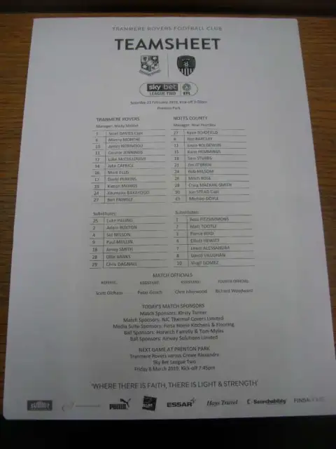 23/02/2019 Teamsheet: Tranmere Rovers v Notts County (folded)