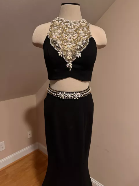 Mac Duggal Long Black Formal Two-Piece Dress with Beaded Neckline - Size 4