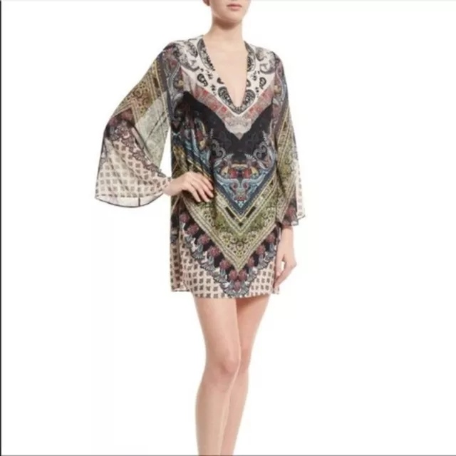 Alice + Olivia Zia Mini Dress Size S Kaftan Paisley Print Bell Long Sleeve