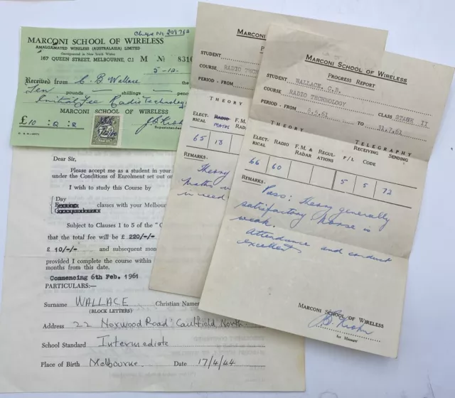 Marconi School of Wireless Enrolment Form & Progress Reports Melbourne 1961