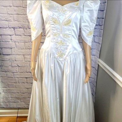 Vintage Alfred Angelo Wedding Dress  Long Puff Sleeves Yellow Beads, Train