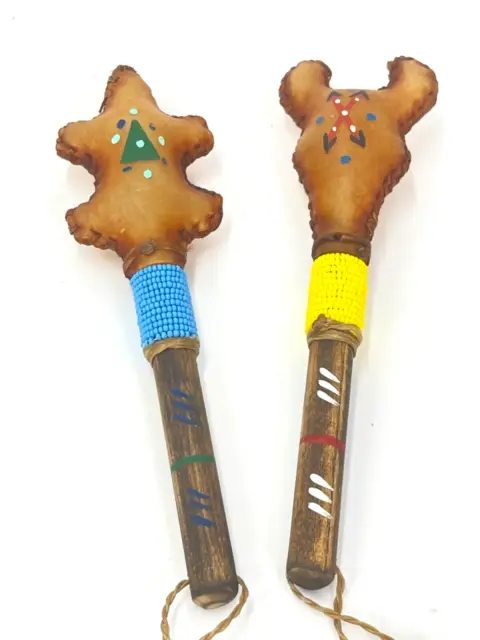2 Navajo Handmade Percussion Instrument Rattle Deer skin Wood 4 Corners Area 7”