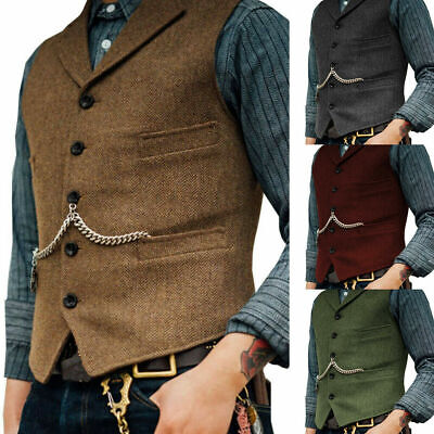 Men Tweed Lapel Vest Casual Retro Herringbone Waistcoat Jacket Formal Sleeveless