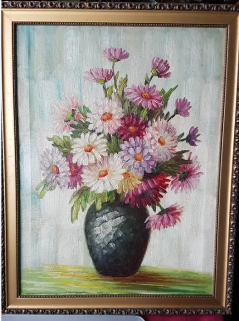 Ancien tableau peinture à l'huile sur toile ,nature morte fleurs dans un vase