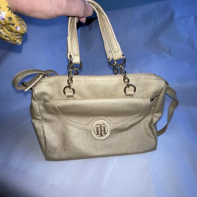 TOMMY HILFIGER Gold Faux Leather  Gold Chain Accent Bag Good Preowned Condition