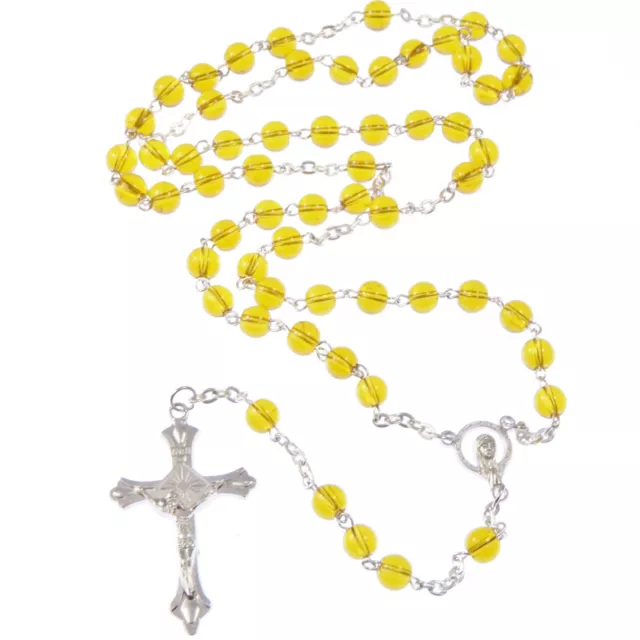 New dark yellow Catholic rosary beads necklace silver tone metal