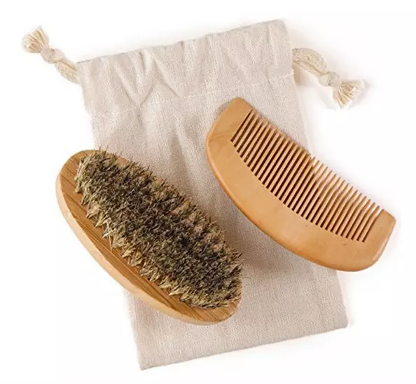 Brosse à barbe & peigne poil de sanglier bambou Kit d'entretien Cadeau bois