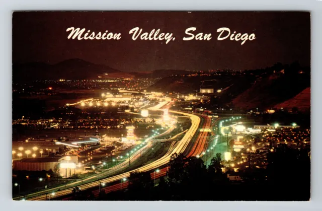 San Diego CA- California Mission Valley at Night Aerial View Vintage Postcard