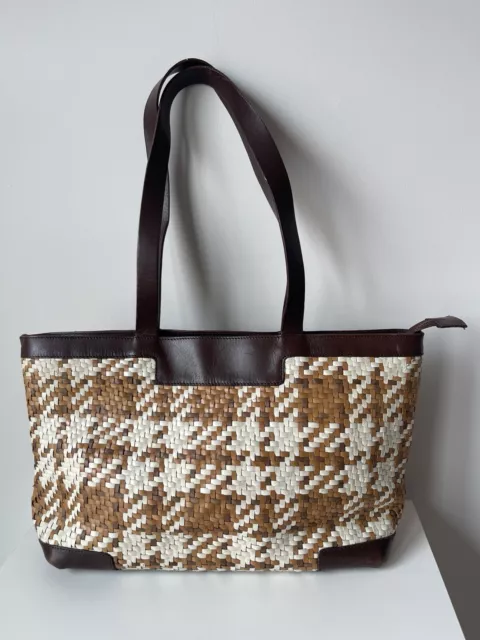 Falor Medium Woven Italian Soft Genuine Leather Shoulder Tote Bag Brown 15x9x3.5