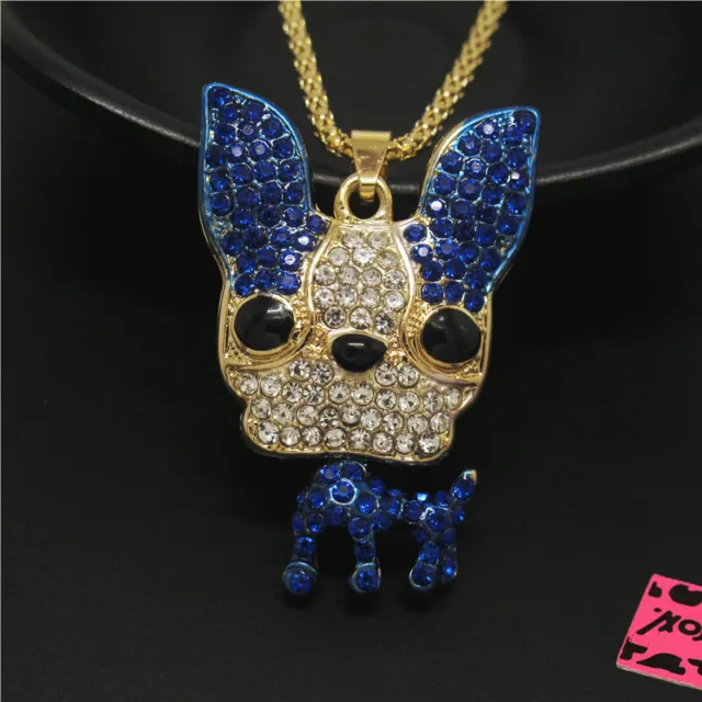 New Fashion Women  Blue Bling Cute Puppy Dog Crystal Pendant Lady Necklace