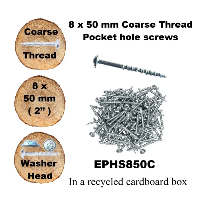 Pocket Hole Screws - 50mm (2") x No.8 Coarse Thread EPHS850C