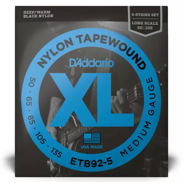 D'Addario ETB92-5 Nylon Tapewound Medium Gauge Bass Strings 50-135 5 string
