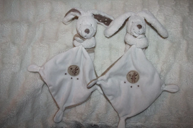 DOUDOU POMMETTE LAPIN BLANC MOUCHOIR BEIGE MARRON ETOILE lot de  2 exc état 2