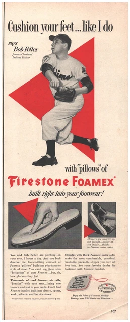 1952 Firestone Foamex Bob Feller Cleveland Indians Vintage Magazine Print Ad