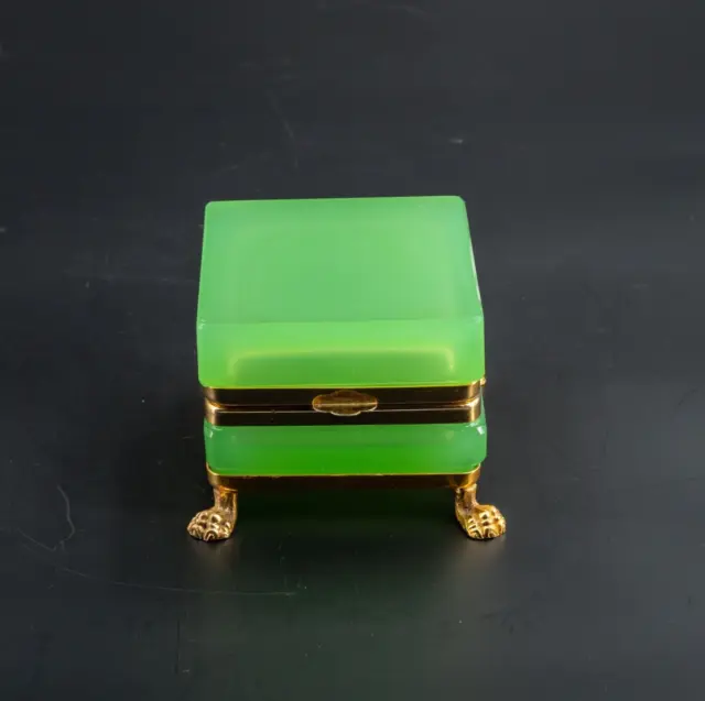 Stunning Antique French or Italian Green Opaline Glass Brass Mounted Jewelry Box