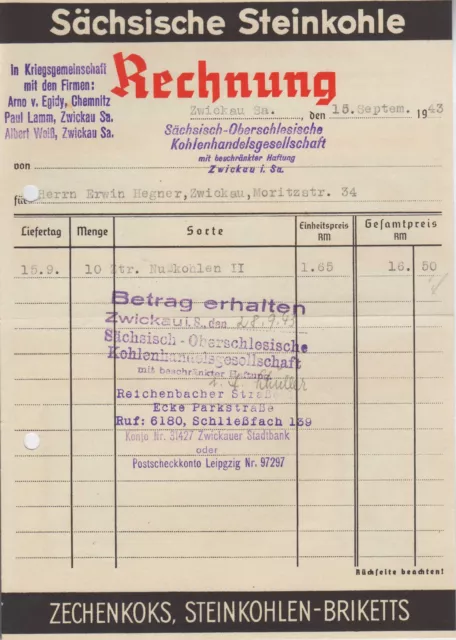 ZWICKAU, Rechnung 1943, Sächsisch-Oberschlesische Kohlen-Handels-G.m.b.H.