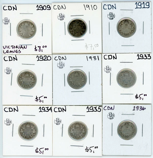 1909 to 1934 Canada 10 Cents Silver Lot of 9 #17442