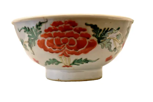 Antique Chinese Porcelain Bowl Famille Rose Qing Dynasty Pottery Floral Leaf Old