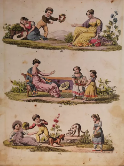 Altkolorierter Kupferstich um 1810. Kinderspiele im Garten. unbek. Lith.: