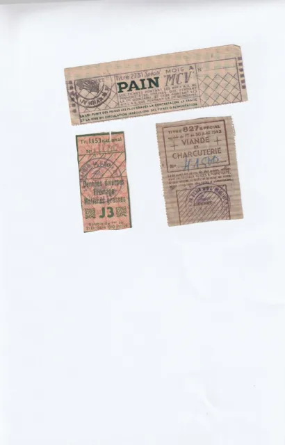 3 Tickets de rationnement. 1943. Voir description