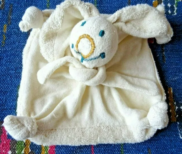 Rp/ Doudou Plat Lapin Blanc Ecru Eponge Yeux Bleu Echarpe Tbe
